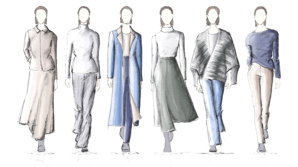İlk Moda Koleksiyonunu Çizimden Numuneye Tasarlamak Kumaş örnekleri ve araçlar ile giysi tasarımlarının çizimleri
